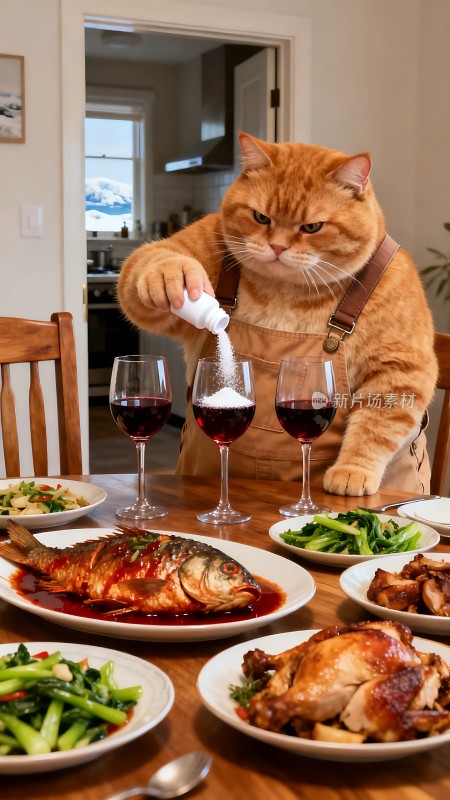 橘猫端坐餐桌前为红酒加餐神情专注
