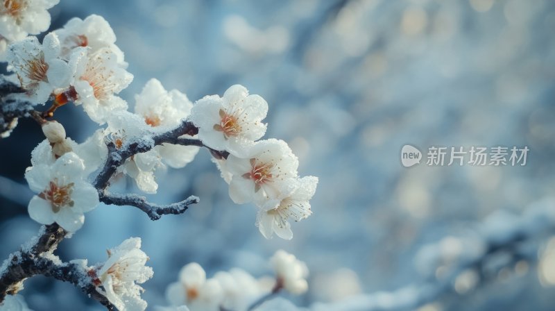 冬天树枝花朵冬季雪景飘雪寒梅