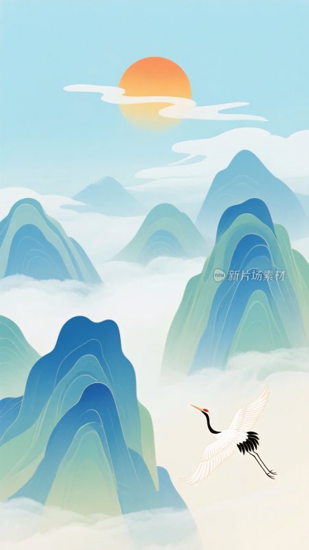 山水间双鹤伴日插画