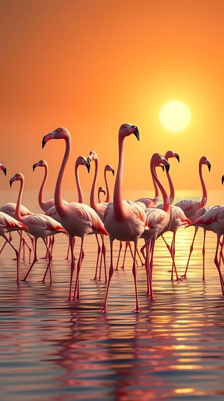 火红夕阳映照下的火烈鸟群