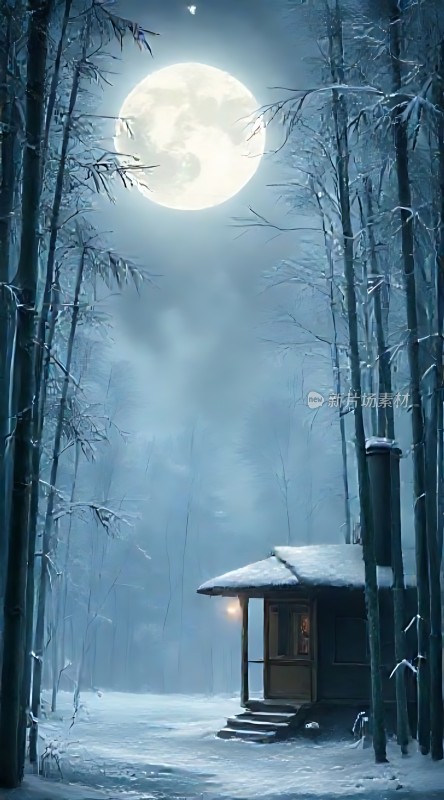 雪夜小屋与月光下的竹林