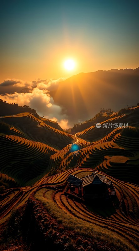 梯田晨曦阳光洒满大地