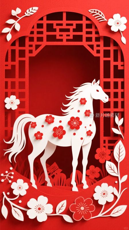 剪纸风红底白马花卉装饰图