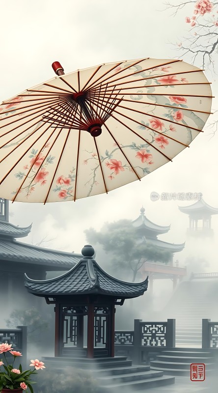 油纸伞下的古风园林