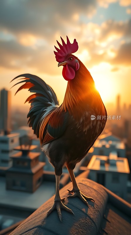 雄鸡高歌迎朝阳城市轮廓映晨光