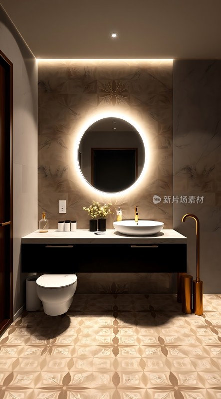 现代浴室设计圆形镜面与洗手台完美融合