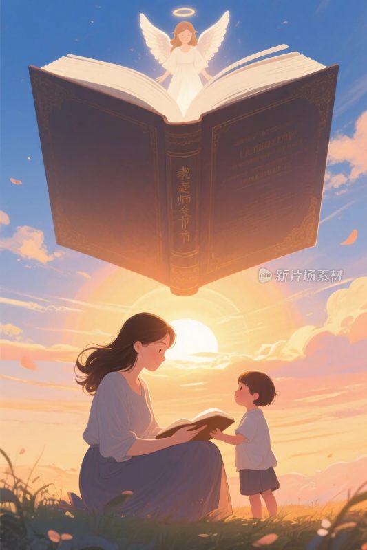 天使书本阅读温馨插画场景