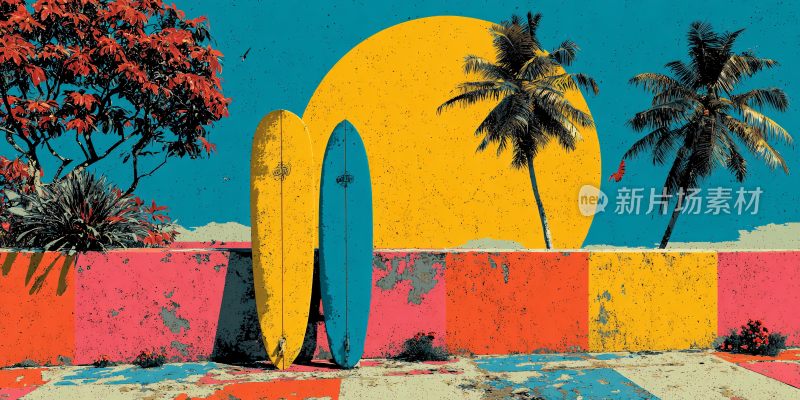 色彩鲜艳的海边冲浪板场景