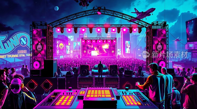 夜幕下的电音派对舞台灯光璀璨DJ台前操作设备观众热情高涨