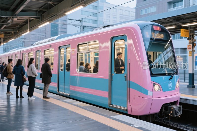 粉蓝色列车与站台人群