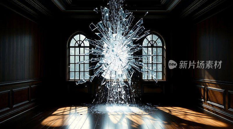 破碎玻璃与阳光交织的艺术画面