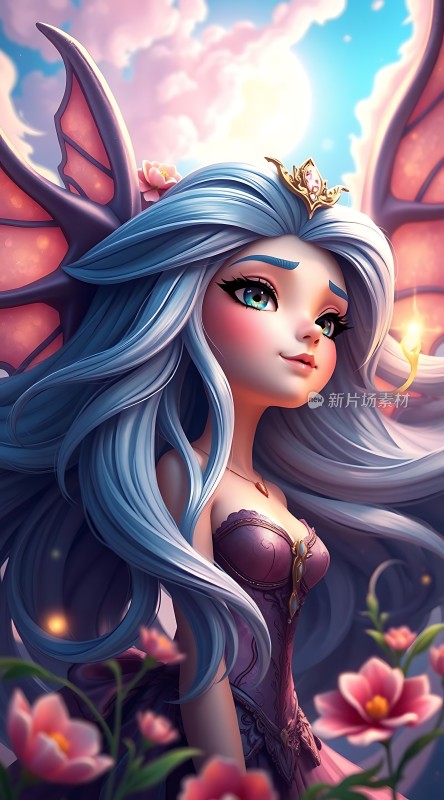 蓝发公主与粉色花朵