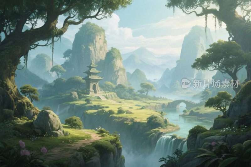 古风山水古亭景观