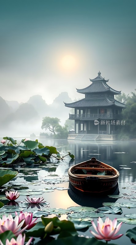 湖畔小楼映日辉荷花轻舟伴雾霭
