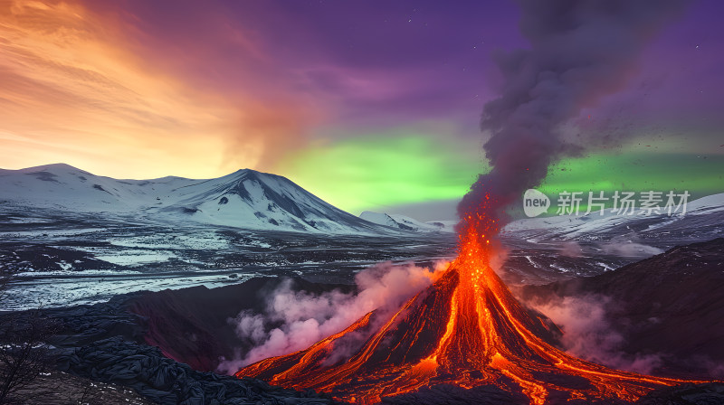 黄昏时分北极光下喷发火山