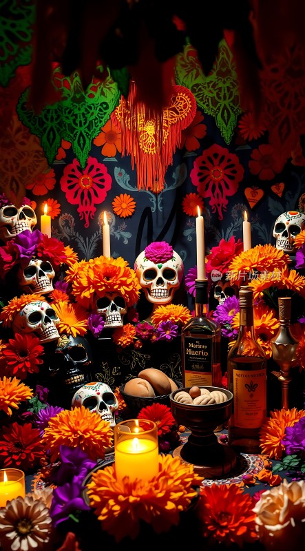 亡灵节祭坛骷髅与鲜花共舞美酒飘香