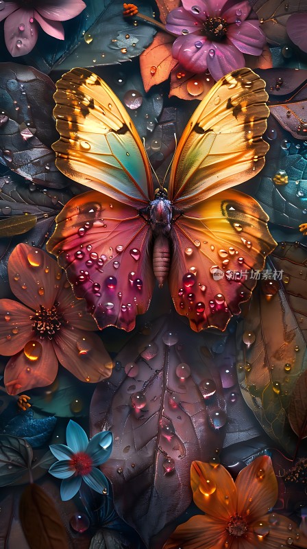 雨后花丛中的彩色蝴蝶