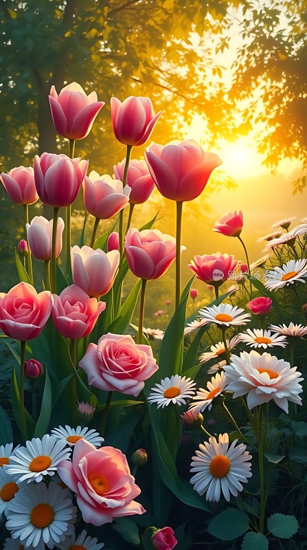 阳光下的粉色郁金香与白色雏菊