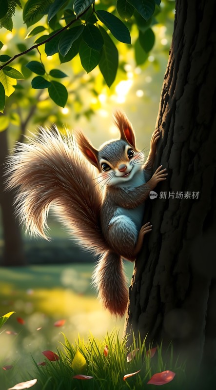 阳光下的可爱松鼠攀爬大树
