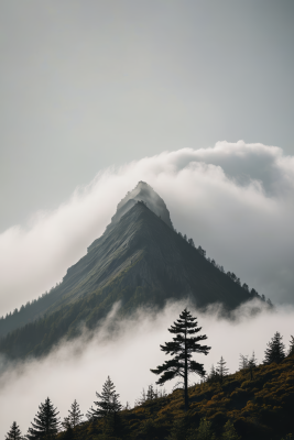 一座山上面有几棵树天空雾蒙蒙高清风景图片