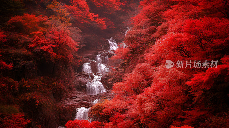 枫叶瀑布深秋红枫林山间流水溪流泉水风景