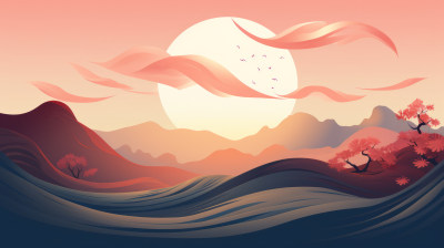 山水夕阳插画