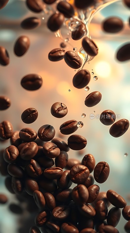 咖啡豆在空中飞舞水滴与咖啡豆交织在一起营造出一种动态的美感