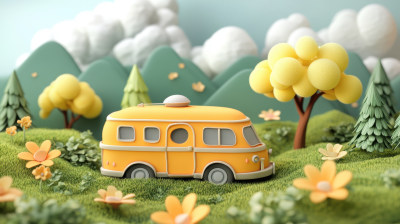 春天旅行露营房车田园自然风光清新卡通插画 春天旅行露营房车田园自然风光清新卡通插画