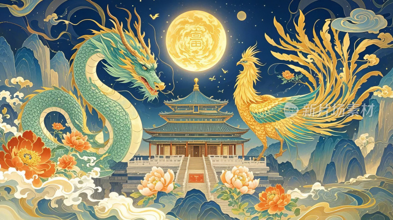 龙凤宝塔月夜手绘国风插画海报