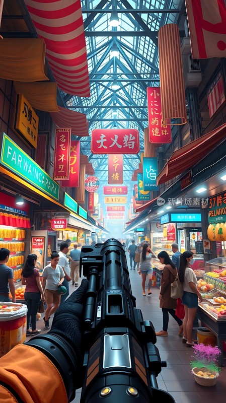 市场枪战手拿枪支穿越繁华街市