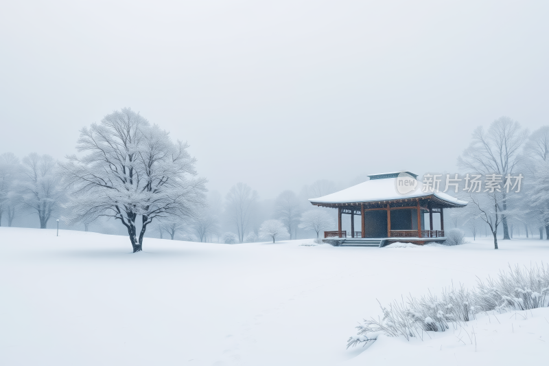 公园里有树木和灌木丛的凉亭的雪景背景图片