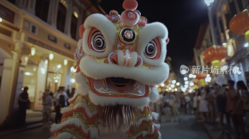 街头夜晚舞狮庆祝场景