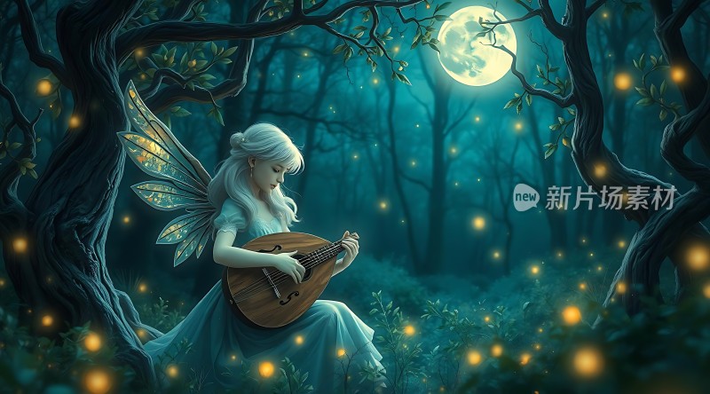 精灵在月光下弹奏竖琴