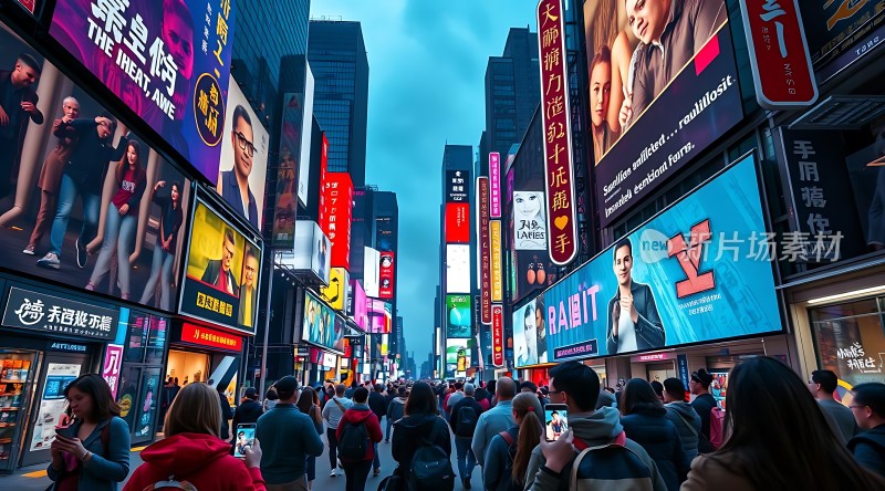 繁华都市街头霓虹闪烁人群熙攘