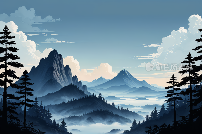 几棵树一片天空山景高清插图