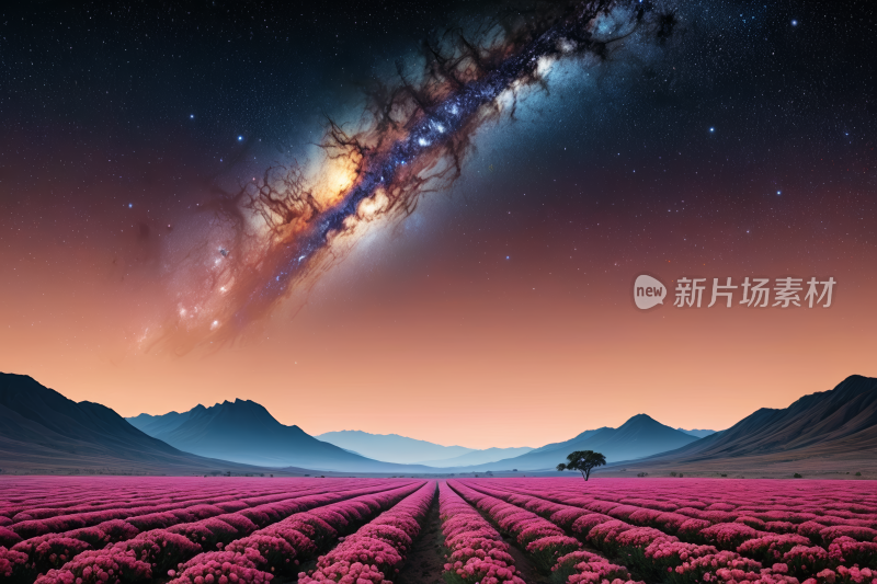 星空夜空一片粉红色的花朵和一棵孤独的树