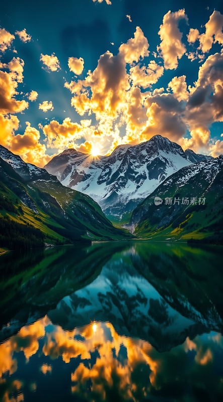 雪山云海映湖畔日落美景入眼帘