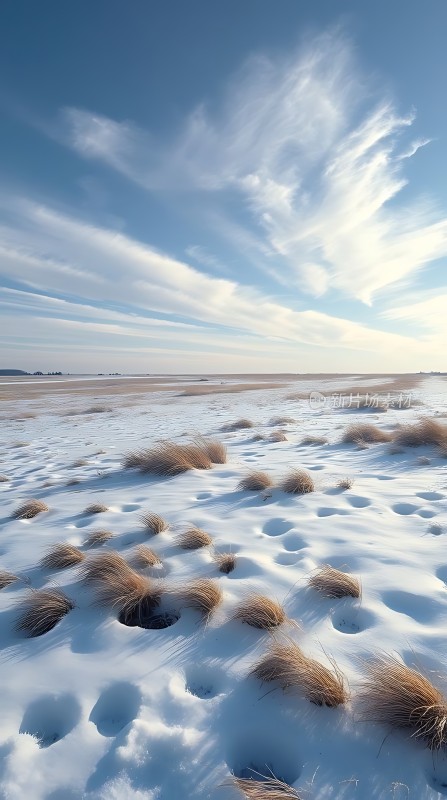 雪地风光蓝天白云下的宁静美景
