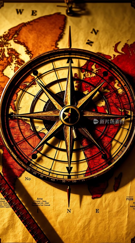 世界地图上的古老罗盘
