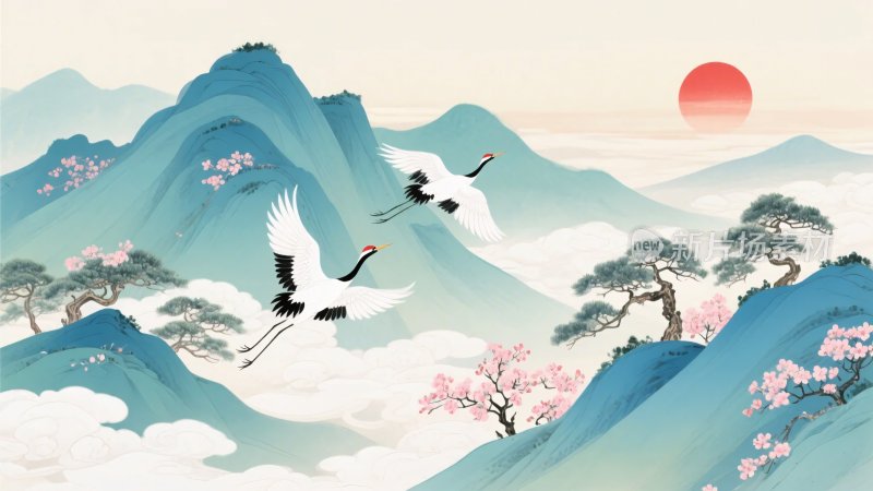 山水间双鹤伴日飞翔图景