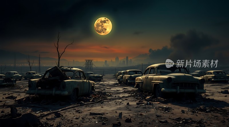 废弃汽车与满月