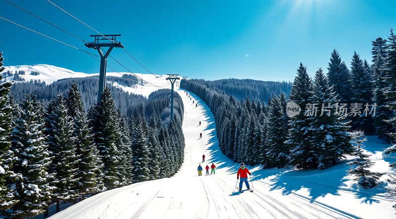 雪地滑雪场蓝天白云下的冬日美景