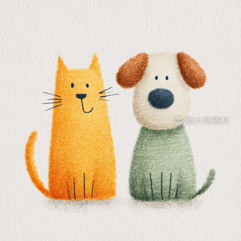 可爱猫咪与小狗插画
