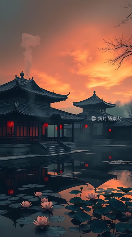 夕阳下的古亭荷塘