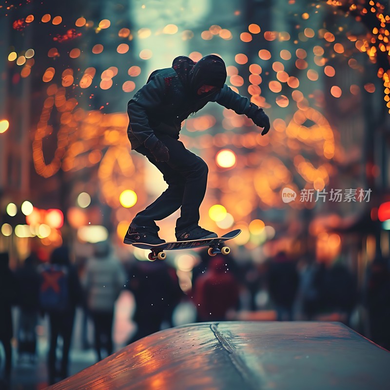 滑板少年跃起城市夜景灯光璀璨