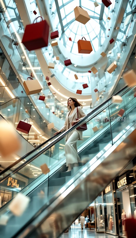 购物袋空中飞舞时尚女性优雅下楼梯