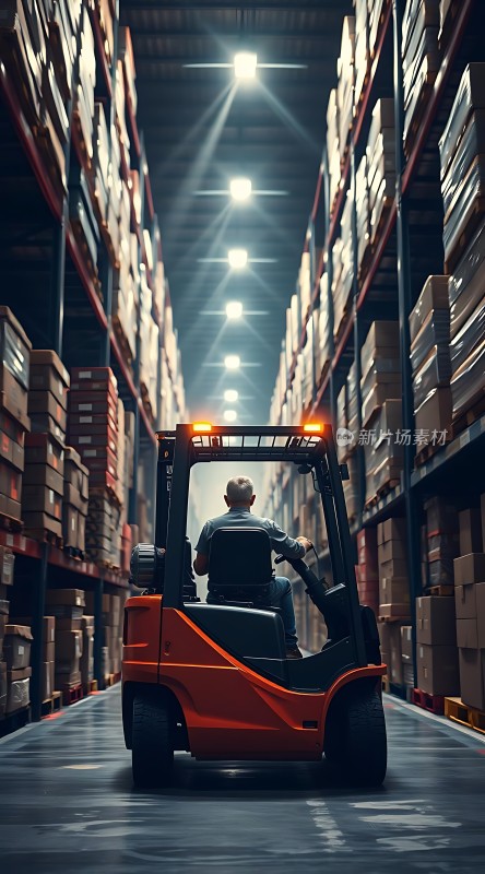 仓库里的橙色叉车和堆满货物的货架