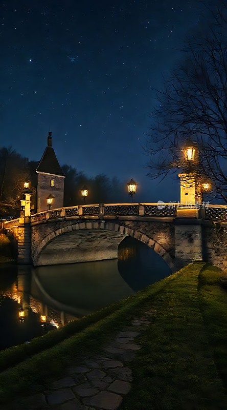 夜幕下的古桥星河