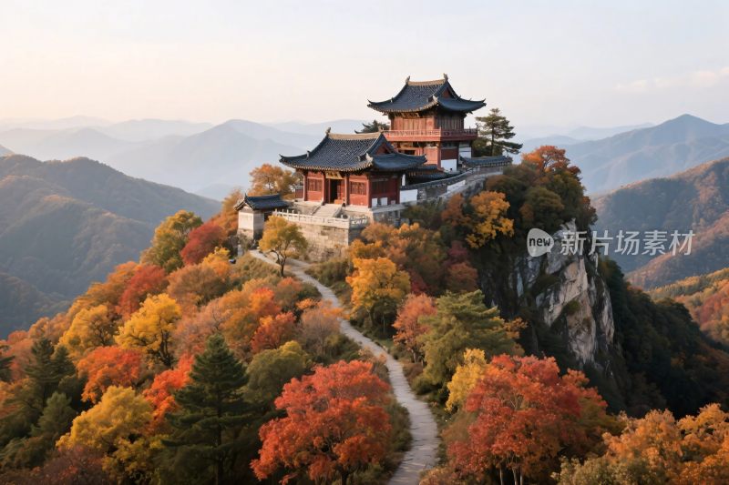 山顶古建秋景山水