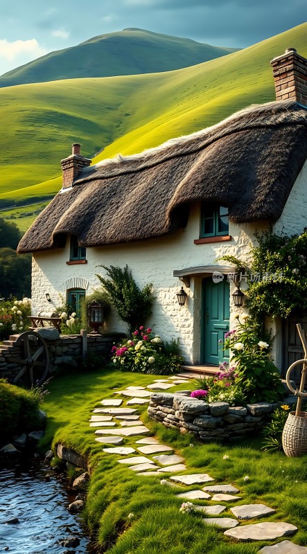 绿色山谷中的梦幻小屋